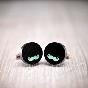 Ebony Skull Cufflinks - Hand made African ebony wood cuff links with mustache in turquoise color enamel