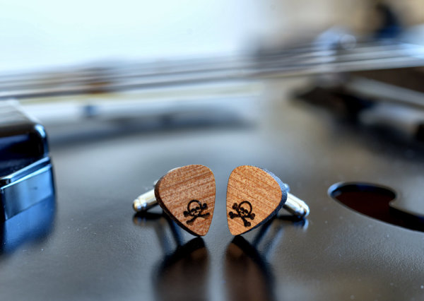 Wood Cufflinks Guitar Pick - Skull