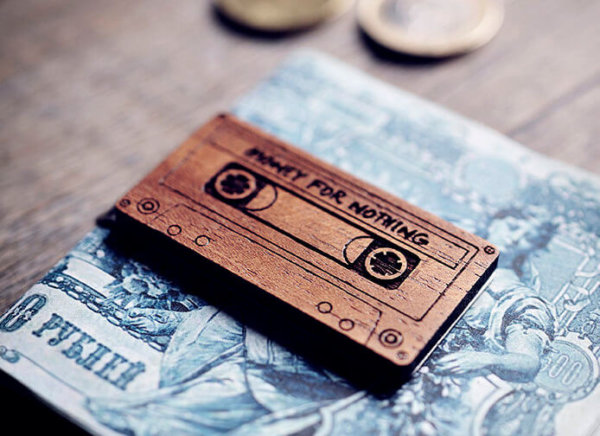 Handcrafted wood money clip - Musicassette MONEY FOR NOTHING